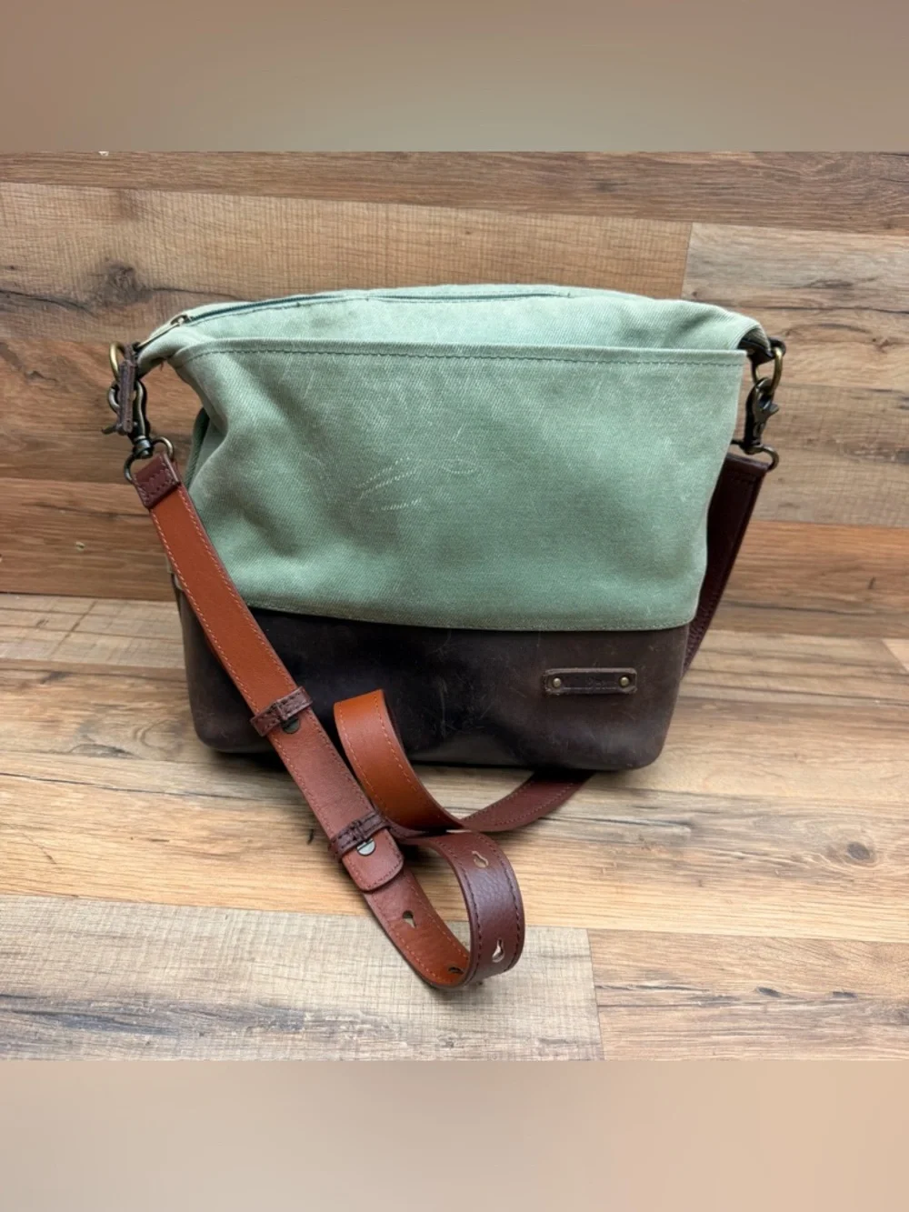 LL Bean Canvas and Leather Crossbody Bag in Sage Green and Brown